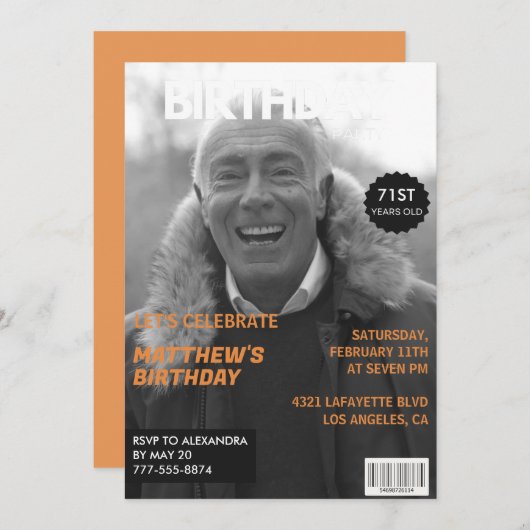 白黒 マガジン エディトリアル 71歳の誕生日 招待状 (正面/裏面)
