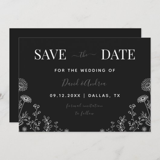 白黒 |ワイルドフラワー描自然葉の秋 セーブザデート (正面/裏面)