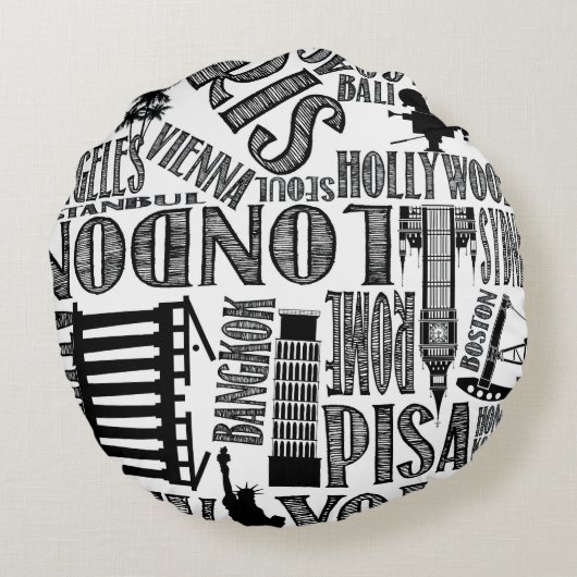 白黒、世界都市枕 ラウンドクッション (裏面)