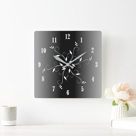 白黒：白と黒の数字アクセント スクエア壁時計 (ホーム)