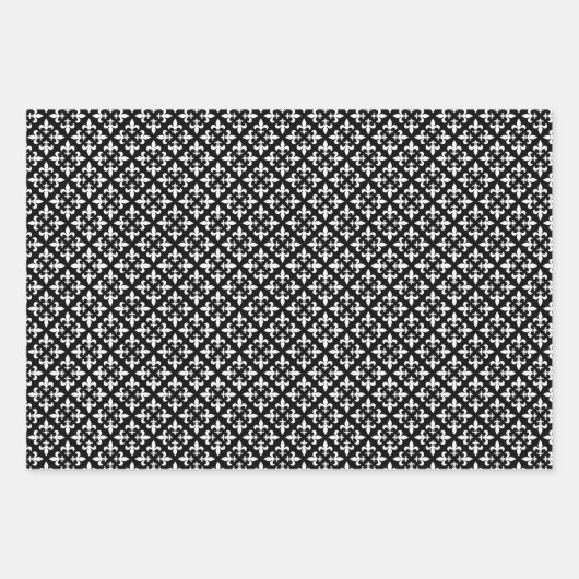 白黒(紋章の)フラ・ダ・リヴィンテージタイルパターン ラッピングペーパーシート (正面)
