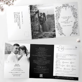 白黒(紋章の)フラ・ダ・リ結婚の食事オプションRSVP 三つ折り招待状