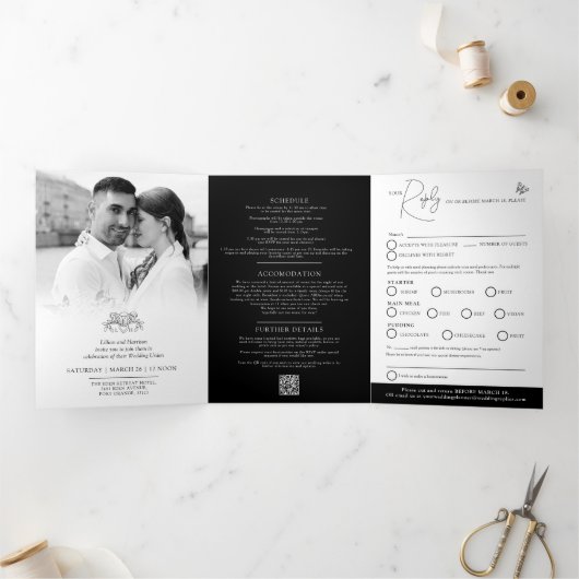 白黒(紋章の)フラ・ダ・リ結婚の食事オプションRSVP 三つ折り招待状 (内部)