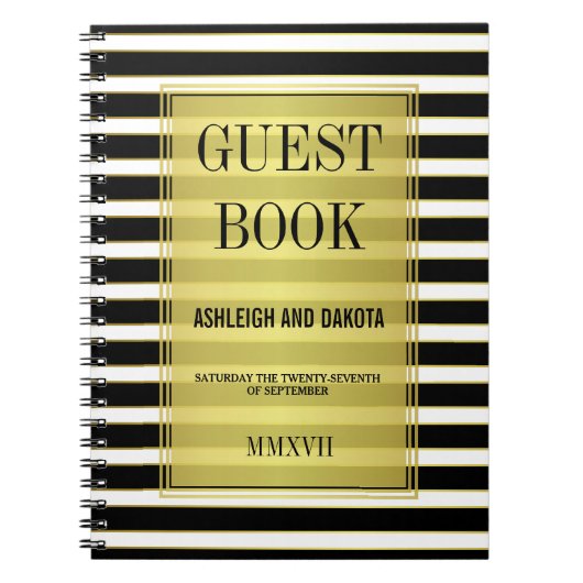 白黒&金ゴールドストライプズ結婚ゲストブック ノートブック (正面)