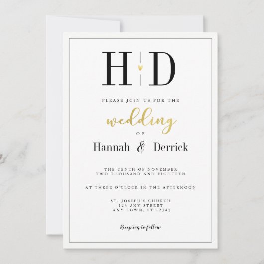 白黒·金ゴールド·モクラシックノグ結婚ラム 招待状 (正面)