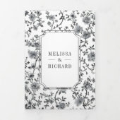 白黒ChinoiserieクレストQRコード結婚ズ 三つ折り招待状 (カバー)