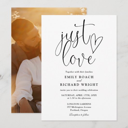 白黒Just Love Script写真結婚の 招待状 (正面/裏面)