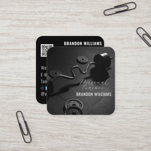 白黒QRコードフィットネスパーソナルトレーナー スクエア名刺 (正面/裏面インサイチュ)