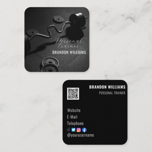 白黒QRコードフィットネスパーソナルトレーナー スクエア名刺 (正面/裏面)