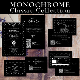 白黒QRコード波曲線モノクロ結婚ズ 招待状