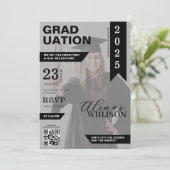 白黒qrコード雑誌の写真卒業 招待状 (スタンド正面)