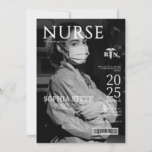 白黒RNナース雑誌写真卒業 招待状 (正面)