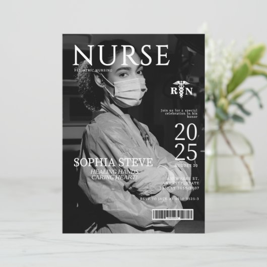 白黒RNナース雑誌写真卒業 招待状 (スタンド正面)