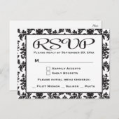 白黒RSVPダマスコウェディング/パーティー インビテーションポストカード (正面/裏面)