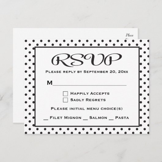 白黒RSVP水玉模様結婚/パーティー インビテーションポストカード (正面/裏面)