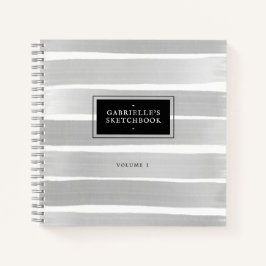 白黒Sketchbook Gray ストライプ Grey Name ノートブック