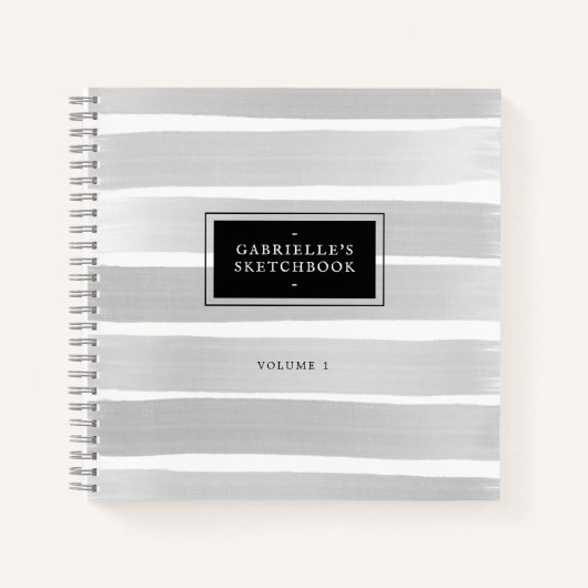 白黒Sketchbook Gray ストライプ Grey Name ノートブック (正面)