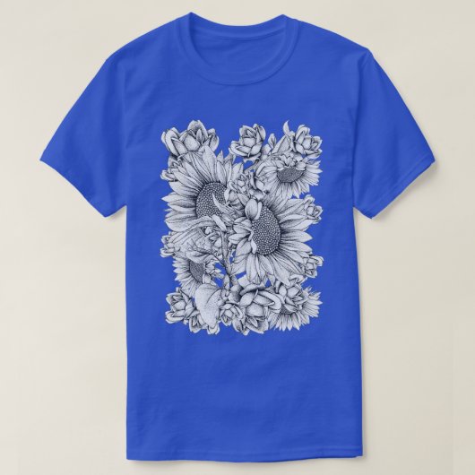 白黒SunFlowersとバラ Tシャツ (デザイン正面)