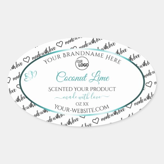 白黒Wordクラウド製品ラベルのティール（緑がかった色）ロゴ 楕円形シール (正面)