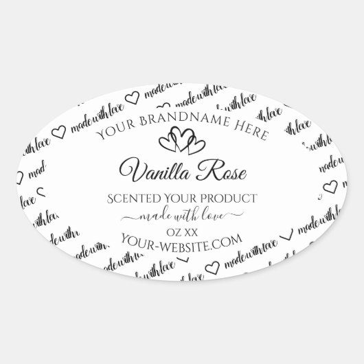 白黒Wordクラウド製品ラベルのハート 楕円形シール (正面)