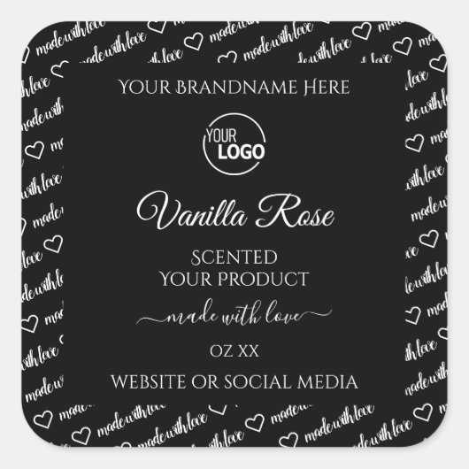 白黒Wordクラウド製品ラベルのロゴの追加 スクエアシール (正面)