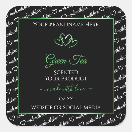 白黒Wordクラウド製品ラベルグリーンハート スクエアシール (正面)
