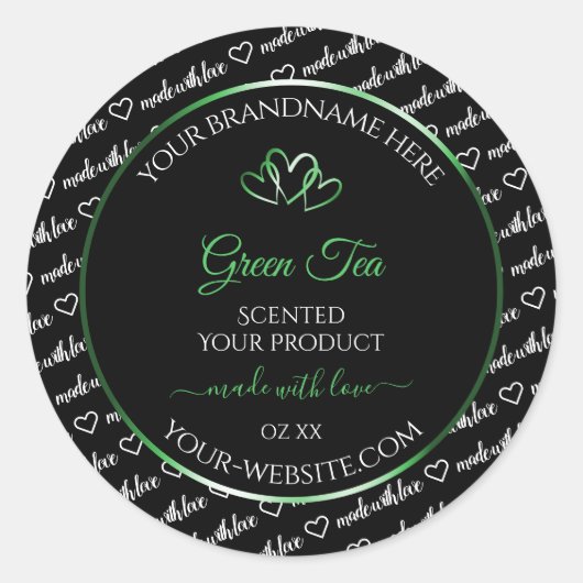 白黒Wordクラウド製品ラベルグリーンハート ラウンドシール (正面)