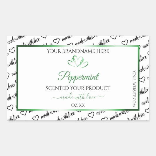 白黒Wordクラウド製品ラベルグリーンハート 長方形シール (正面)