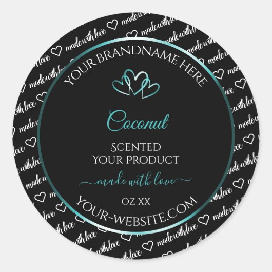 白黒Wordクラウド製品ラベルティール(緑がかった色)ハート ラウンドシール (正面)
