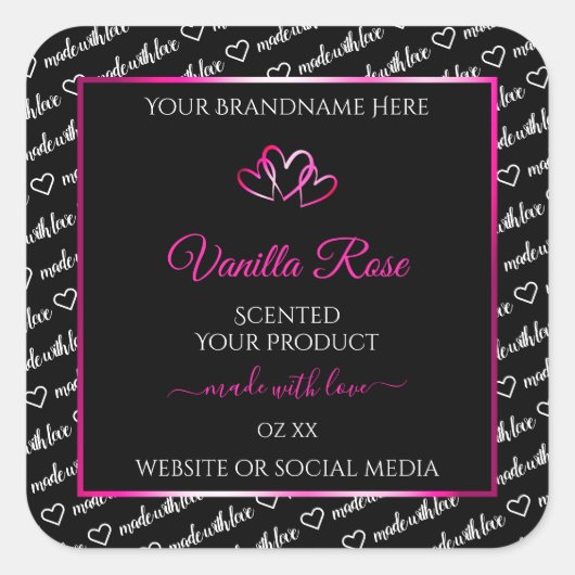 白黒Wordクラウド製品ラベルピンクハート スクエアシール (正面)