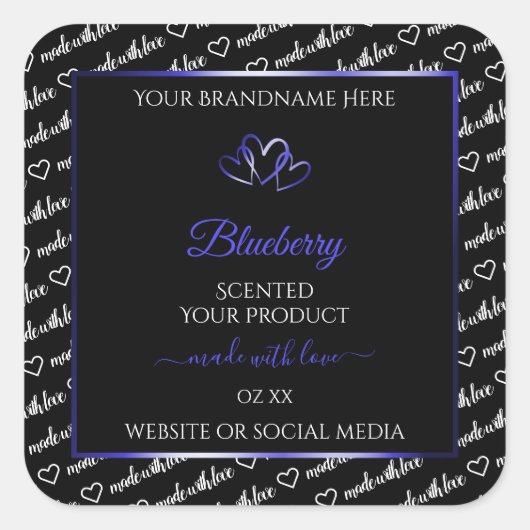 白黒Wordクラウド製品ラベルブルーハート スクエアシール (正面)