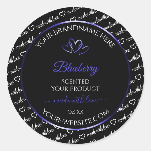 白黒Wordクラウド製品ラベルブルーハート ラウンドシール (正面)