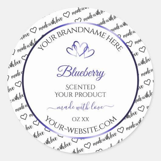 白黒Wordクラウド製品ラベルブルーハート ラウンドシール (正面)