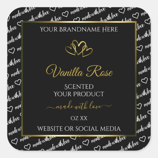 白黒Wordクラウド製品ラベル金ゴールドハート スクエアシール (正面)