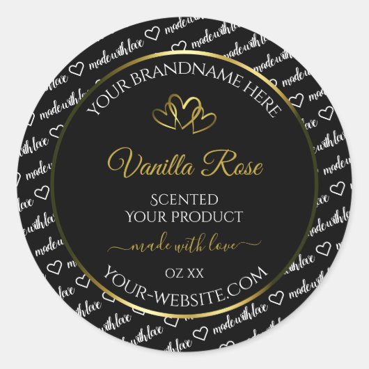 白黒Wordクラウド製品ラベル金ゴールドハート ラウンドシール (正面)