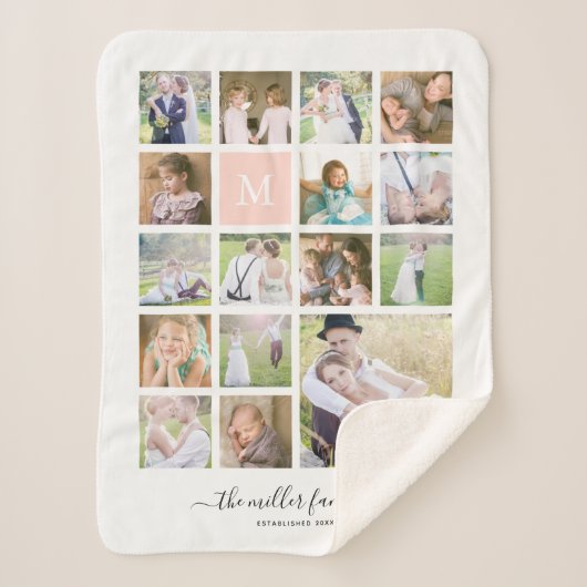 白16の写真のコラージュのモノグラムの名前の書道 シェルパブランケット (正面)