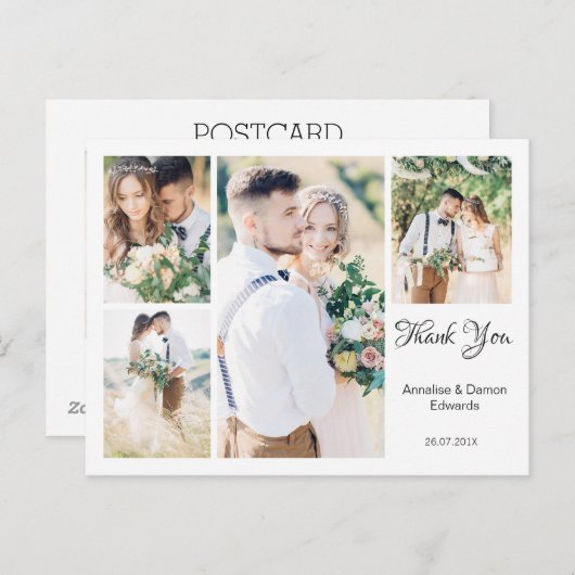 白4枚の写真結婚の感謝はがき ポストカード (正面/裏面)