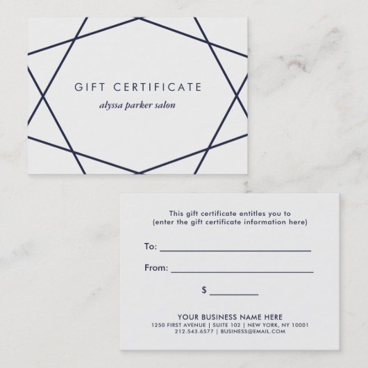 白|のギフト券の濃紺の幾何学的 割引カード (正面/裏面)
