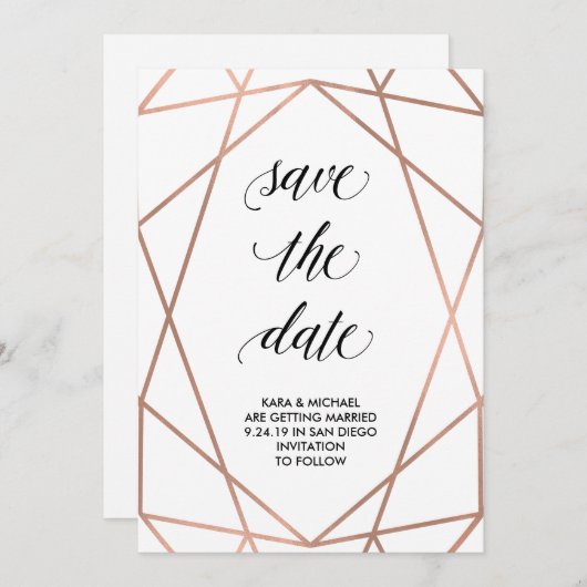 白|の保存で幾何学的なのどのばら色の金ゴールド日付 セーブザデート (正面/裏面)