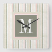 白|の水彩画の喜びが縞で飾るモノグラム| スクエア壁時計 (正面)