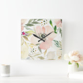 白|の水彩画の花柄パターンの喜び スクエア壁時計 (ホーム)