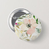 白|の水彩画の花柄パターンの喜び 缶バッジ (正面&裏面)