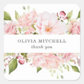 白|の花柄のかわいらしいピンクのバラ スクエアシール (正面)