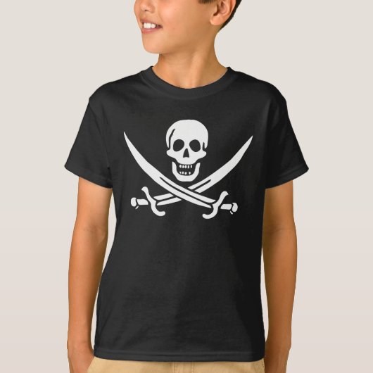 白、カリコ・ジャックの海賊旗、ドクロ&カットラス Tシャツ (正面)