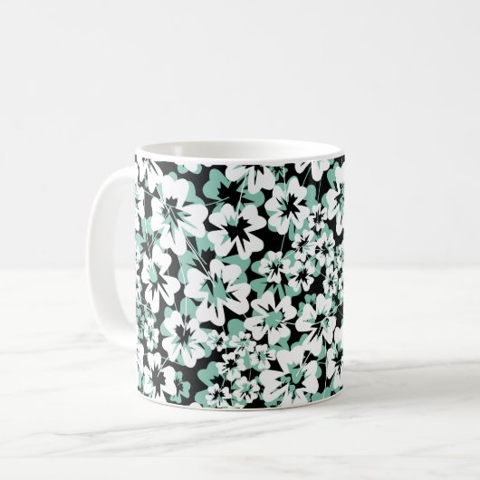 白、ターコイズの花の黒。 コーヒーマグカップ (正面左)