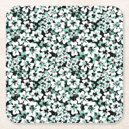 白、ターコイズの花の黒。 スクエアペーパーコースター (正面)