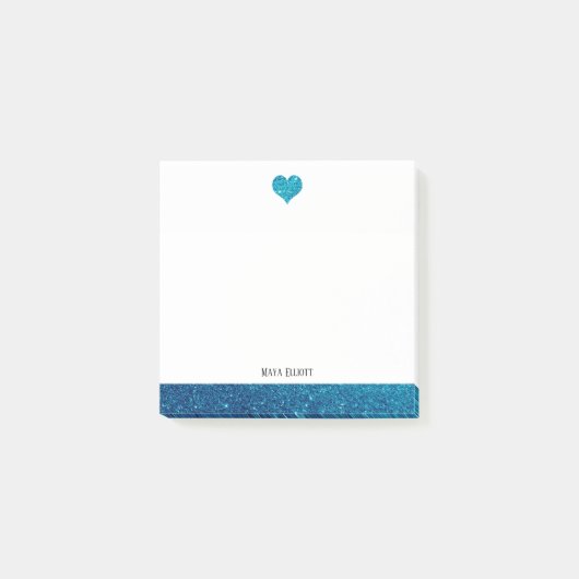 白(ティール(緑がかった色)付フェイクきグリッターハート縁どと+名前) ポストイット (正面)