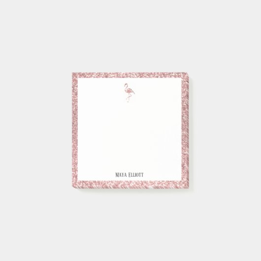 白+バラ金ゴールドグリッターフラミンゴ縁どと名前 ポストイット (正面)