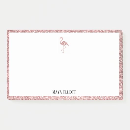 白+バラ金ゴールドグリッターフラミンゴ縁ど& w名前 ポストイット (正面)