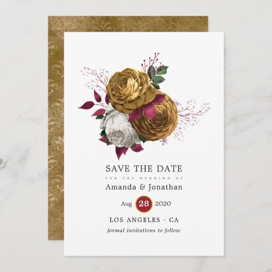 白、バーガンディー、ゴールドの花柄のウェディング セーブザデート (正面/裏面)